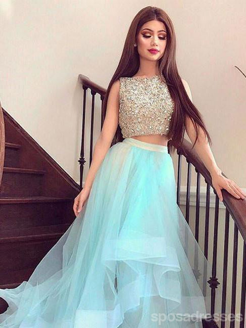Two Pieces Beaded Tiffany Blue Skirt High Low Custom Evening Prom Dresses, 17436