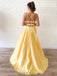 Απλά λουράκια σπαγγέτι Κίτρινη πλαϊνή σχισμή Φθηνά μακρά βραδινά φορέματα, βραδινά φορέματα, 12145