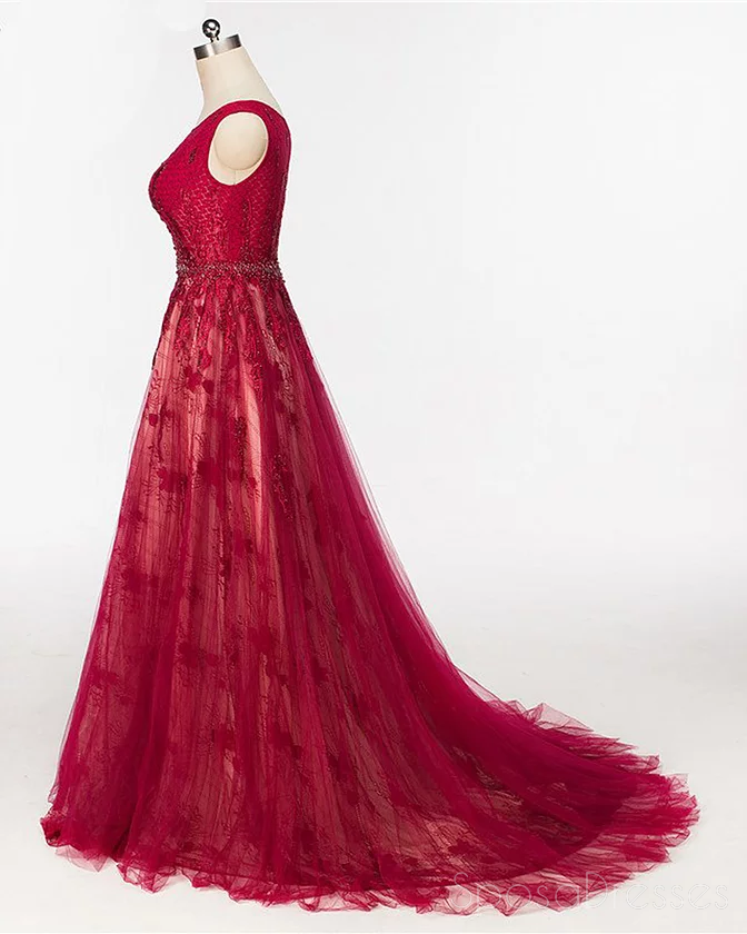 Scoop Cap Sleeves Rote Spitze Perlen lange Abend Prom Kleider, Günstige Custom Sweet 16 Kleider, 18524