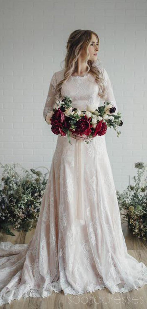 Vestidos de novia de una línea de encaje de manga larga modestos en línea, vestidos de novia de playa baratos, WD479