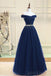 Off Shoulder Navy Tulle A line Beaded Long Evening Prom Dresses, 17694