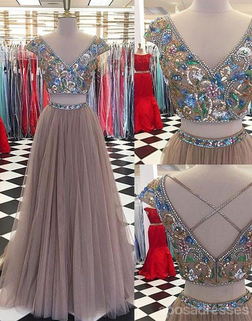Sexy Two Pieces Cap Sleeve Heavily Beaded Long Evening Prom Dresses, Popular Cheap Long 2018 Party Prom Dresses, 17247