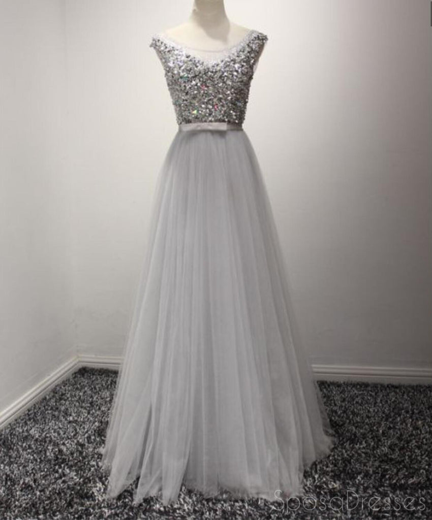 Scoop Neckline Heavily Beaded Formal Fashion Gray Tulle Evening Prom Dresses, Cheap Party Prom Dresses, Custom Long Prom Dresses, Cheap Formal Prom Dresses, 17145