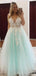 Δείτε Μέσα από V Neck Mint Lace Applique Long Evening Prom Dresses, Cheap Sweet 16 Dresses, 18424