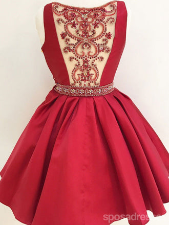 V Neck Red See Through Beading Custom Cheap Homecoming Dresses 2018, CM427