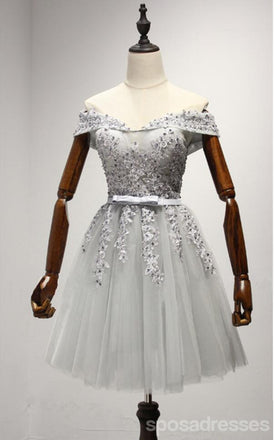 Off Shoulder Grey Lace Cute Homecoming Prom Dresses, Προσιτό κοντό πάρτι Prom Sweet 16 φορέματα, τέλεια φορέματα κοκτέιλ Homecoming, CM333