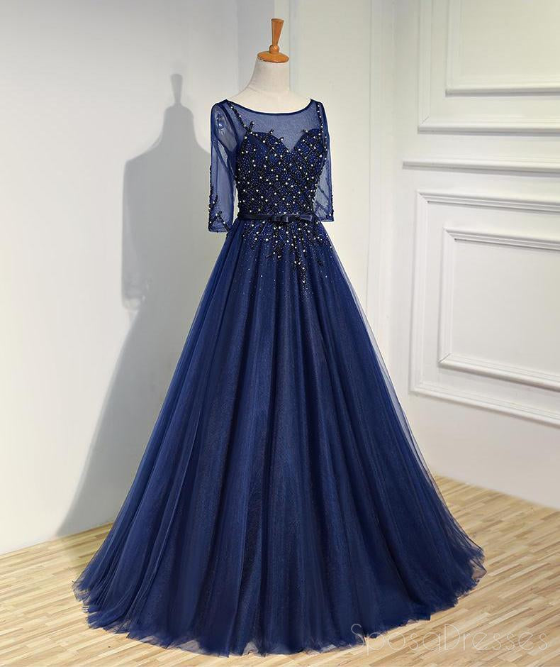 Sexy See Through Long Sleeve Navy Lace Beaded Long Evening Prom Dresses, Popular Cheap Long 2018 Party Prom Dresses, 17231