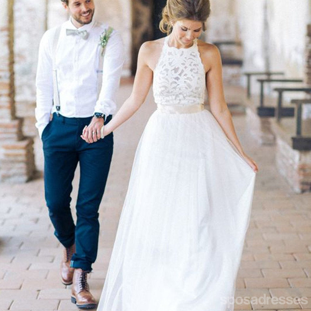 High Neck White Lace Long Sheath Simple Design Wedding Party Dresses, WD0089