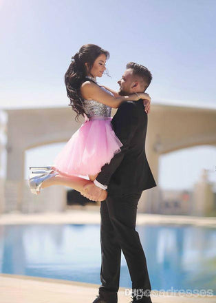 Απλό χαριτωμένο κοντό ασημένιο πούλιες ροζ φούστα φθηνά φορέματα Homecoming 2018, CM523