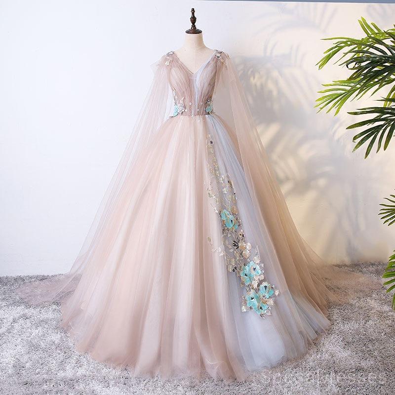 Tulle V Neck Long Ball Gown Βραδινά φορέματα Prom, Φτηνές προσαρμοσμένες Sweet 16 Φορέματα, 18499