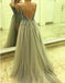Sexy Backless Grey V Neck frisado Long Custom Evening Prom Dresses, 17437