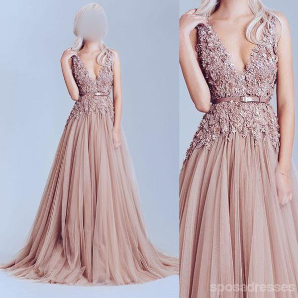 Prom de dentelle de Neckline V profond, robe de bal rose Dusty, une ligne Evening Prom Dresses, 17009