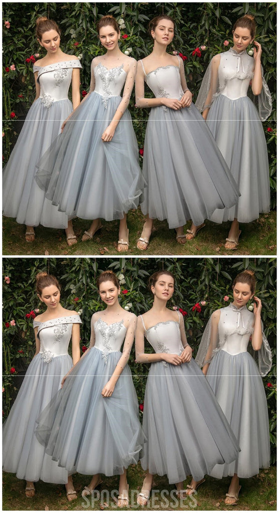 Vestidos de dama de honor baratos cortos con cuentas grises de encaje en línea, WG544