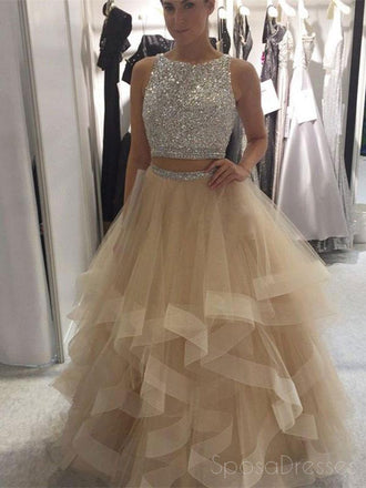 Sexy Deux Pièces Dos Ouvert Lourd Perlé Tulle Longues Robes De Bal De Soirée, Populaire Pas Cher Longue 2018 Robes De Bal De Fête, 17266