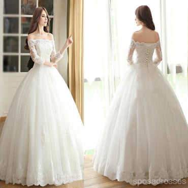 Vantage hors épaule manches longues robes de mariée en dentelle blanche, robe de mariée à lacets, WD0009