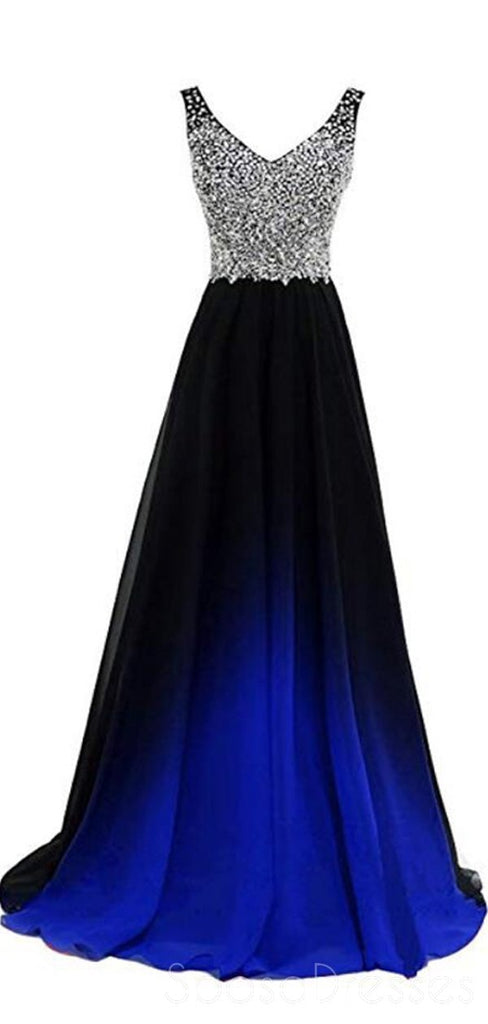 V Neck Beaded Chiffon Ombre Φθηνά μακρά βραδινά φορέματα Prom, Custom Sweet16 φορέματα, 18400