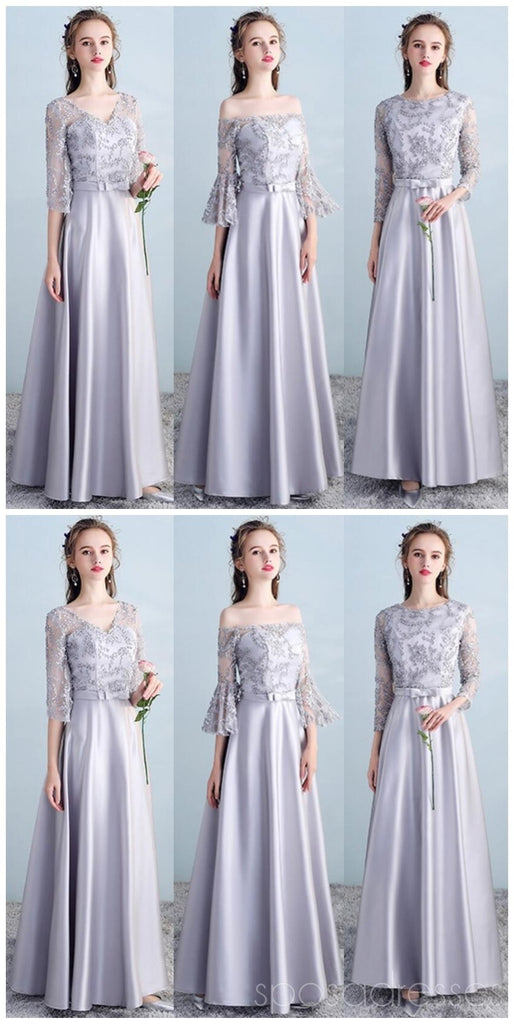 Gray Long Sleeves Lace Mismatched Cheap Long Bridesmaid Dresses Online, WG502