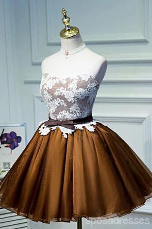 Strapless Lace Brown Skirt Homecoming Prom Dresses, Affordable Short Party Prom Sweet 16 Dresses, Perfect Homecoming Cocktail Dresses, CM365