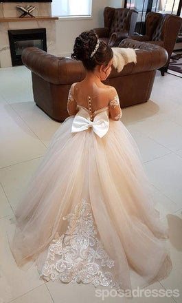 Sweet de Fille de Fleur à Manches Longues en Dentelle appliques Robe, Robe à Fleurs Fille Mignonne, FG0194