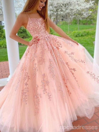 Peach Lace A-line Spaghetti Straps Cheap Long Prom Dresses Online,12807