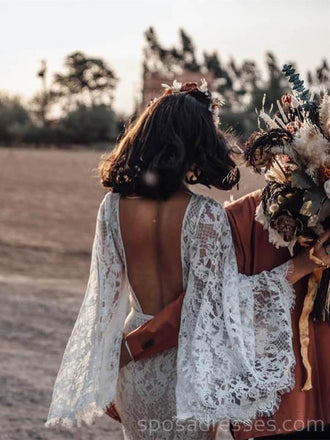 Vestidos de novia largos sin espalda sexy de manga larga sirena en línea, vestidos de novia baratos, WD538