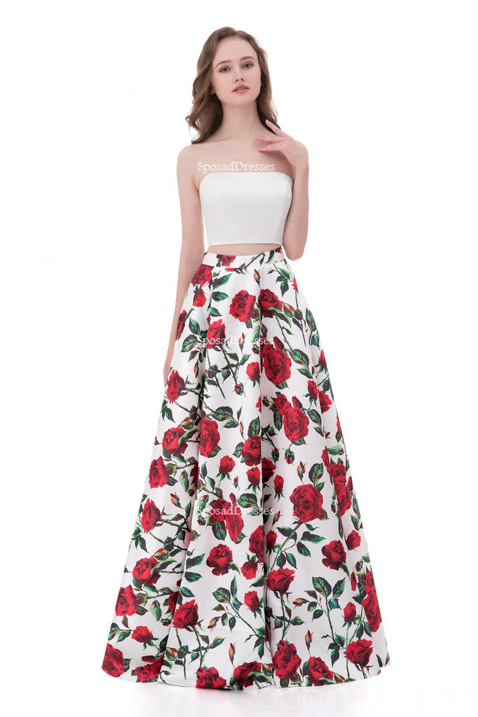 Simple Strapless Printed Flower Sexy Two Pieces  Long Evening Prom Dresses, Popular Cheap Long 2018 Party Prom Dresses, 17255