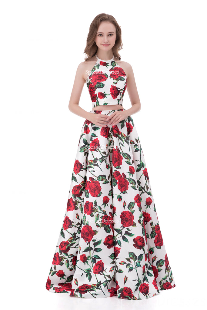 Sexy Two Pieces Simple Halter Printed Flower Long Evening Prom Dresses, Popular Cheap Long 2018 Party Prom Dresses, 17254