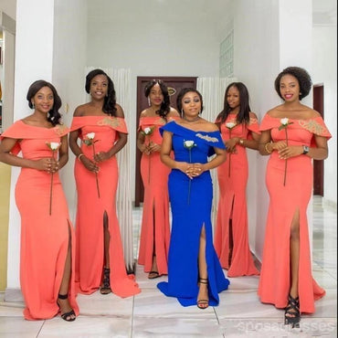 Orange Mermaid Off Shoulder Side Slit Cheap Long Bridesmaid Dresses Online,WG1174