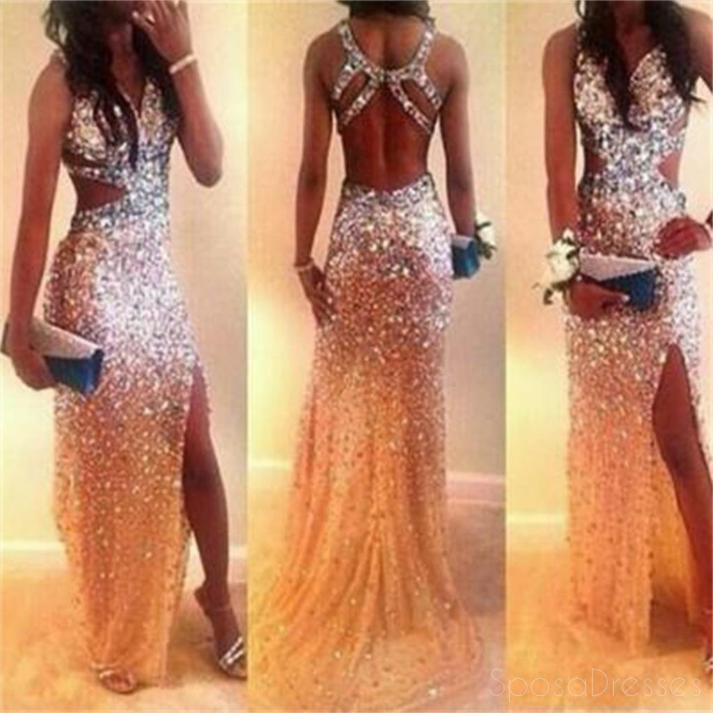 Sexy Backless Rinestone Beaded Side Slit Mermaid Long Evening Party Prom Dresses , PD0117