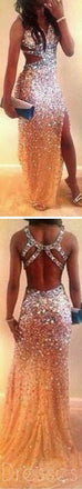 Sexy Backless Rinestone Beaded Side Slit Mermaid Long Evening Party Prom Dresses , PD0117