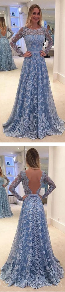 Blue Lace Prom Dresses, Long Sleeves Prom Dresses,A-line Prom Dresses,PD0182