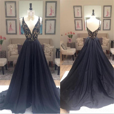 Black A-line Elegant Deep V-Neck Prom Dresses, Black Long Evening Party Dresses, PD0198