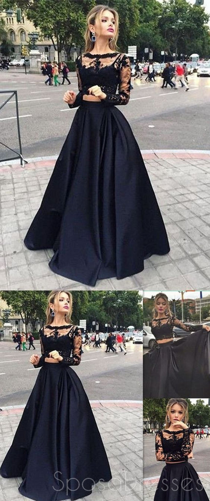 Robe longue de Bal ,Noir,Robe de Bal, Robe de Bal Avec de la Dentelle ,Manches Longues Robe de Bal Élégante,PD0045