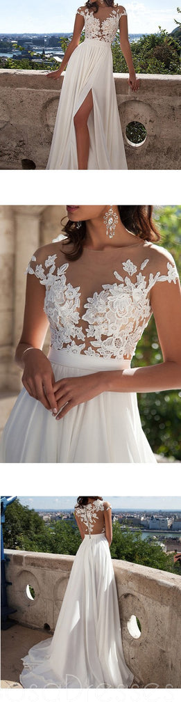 Langes A-Linien-Abendkleid aus weißer Spitze mit Applikationen, sexy Hochzeitsfeierkleid mit Seitenschlitz, WD0124