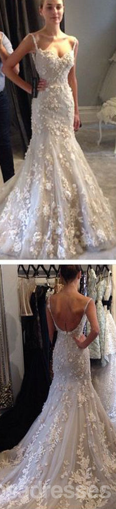 Λευκή δαντέλα Γοργόνα Γαμήλια Φορέματα, Σέξυ Φορέματα Backless, Gorgeous Prom Gown, WD0129