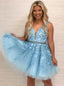 V Neck Blue Lace Φτηνά Κοντά Φορέματα Homecoming Online, CM663