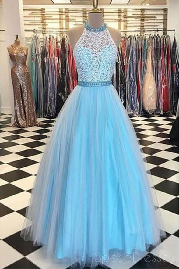 2018 μπλε δαντέλα Halter A-line μακρά βραδινά φορέματα Prom, 17644