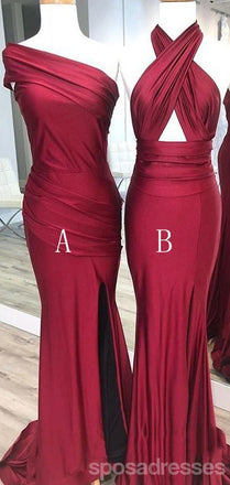 Vestidos de dama de honor largos baratos de sirena roja oscura mal combinados en línea, WG557