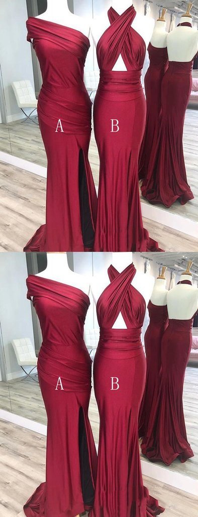 Vestidos de dama de honor largos baratos de sirena roja oscura mal combinados en línea, WG557