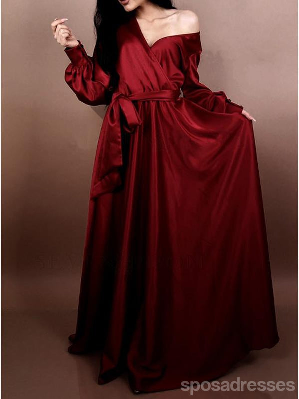 Sexy Burgundy A-line Off Shoulder Long Sleeves Prom Dresses Online,12586