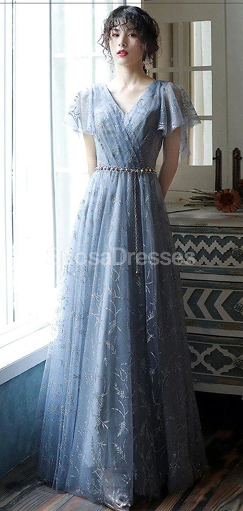 Κοντά μανίκια Γκρι δαντέλα μακρά βραδινά φορέματα Prom, βραδινά φορέματα Prom, 12218