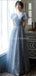 Κοντά μανίκια Γκρι δαντέλα μακρά βραδινά φορέματα Prom, βραδινά φορέματα Prom, 12218