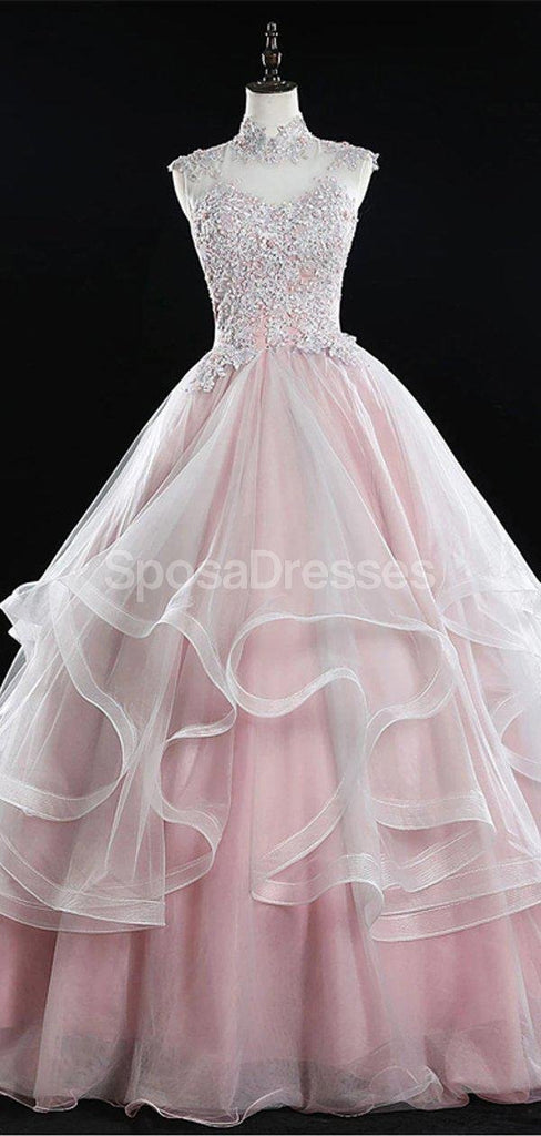 Ροζ υψηλό ντεκολτέ δαντέλα χάντρες βολάν μακρύ βράδυ Prom φορέματα, Βραδινό Κόμμα Prom Φορέματα, 12219