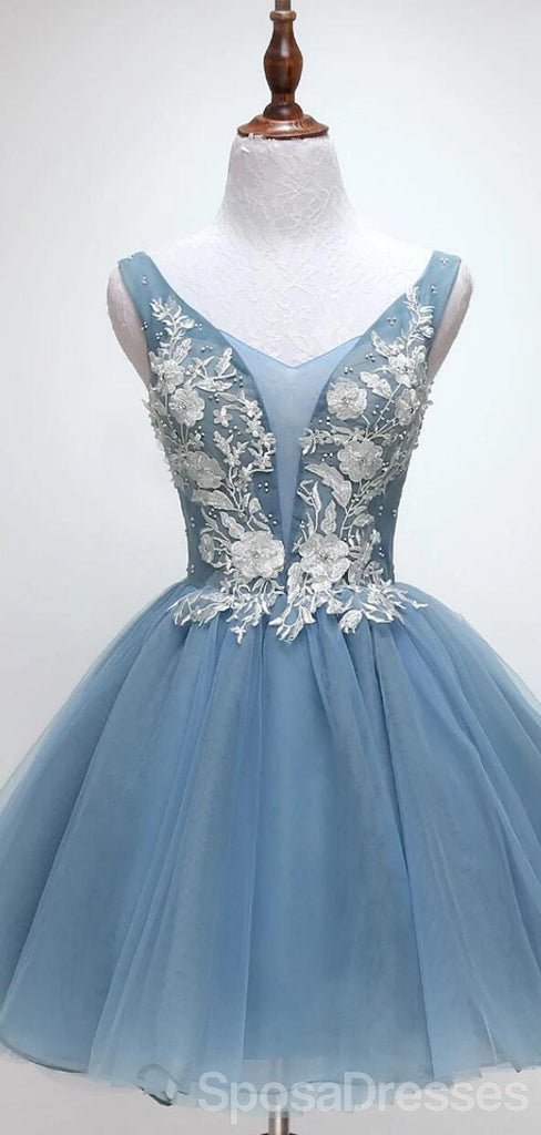 V Νόστι Dusty Blue Applique Φθηνά Στομόδερμα Φορέματα Σε Απευθείας Σύνδεση, Φθηνά Φορέματα Μικρού Χορού, CM825