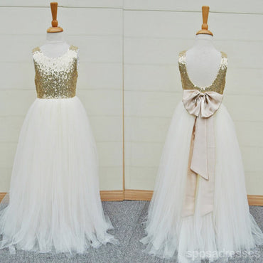 Robes mignonnes de fille de fleur de tulle blanc de dessus de paillette d'or pour la noce, FG002