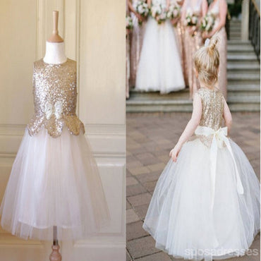 Robes de demoiselle d'honneur sans manches en tulle à paillettes dorées avec noeud, FG004