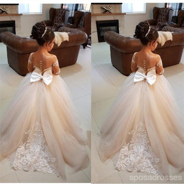 Γλυκό λουλούδι κορίτσι μακρύ μανίκι δαντέλα απλικέ φόρεμα, χαριτωμένο λουλούδι κορίτσι φόρεμα, FG0194