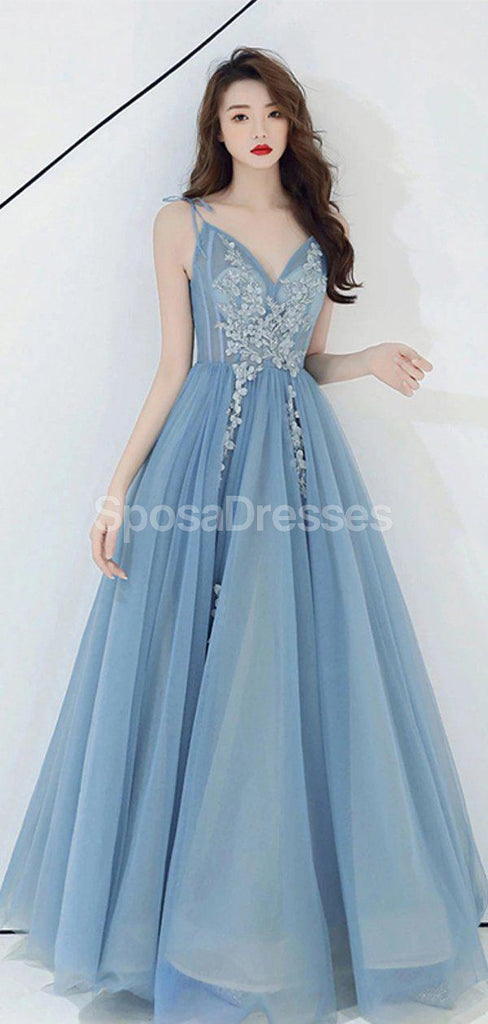 Σπαγγέτι λουράκια Dusty Blue Long Evening Prom Dresses, Evening Party Prom Dresses, 12220