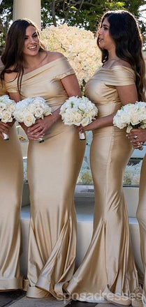 Champagne Gold Off Shoulder Mermaid Floor Length Cheap Bridesmaid Dresses Online, WG566