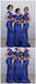 Mangas cortas Azul Royal Mermaid Barato en el Largo Vestidos de Dama de honor en Línea, WG252